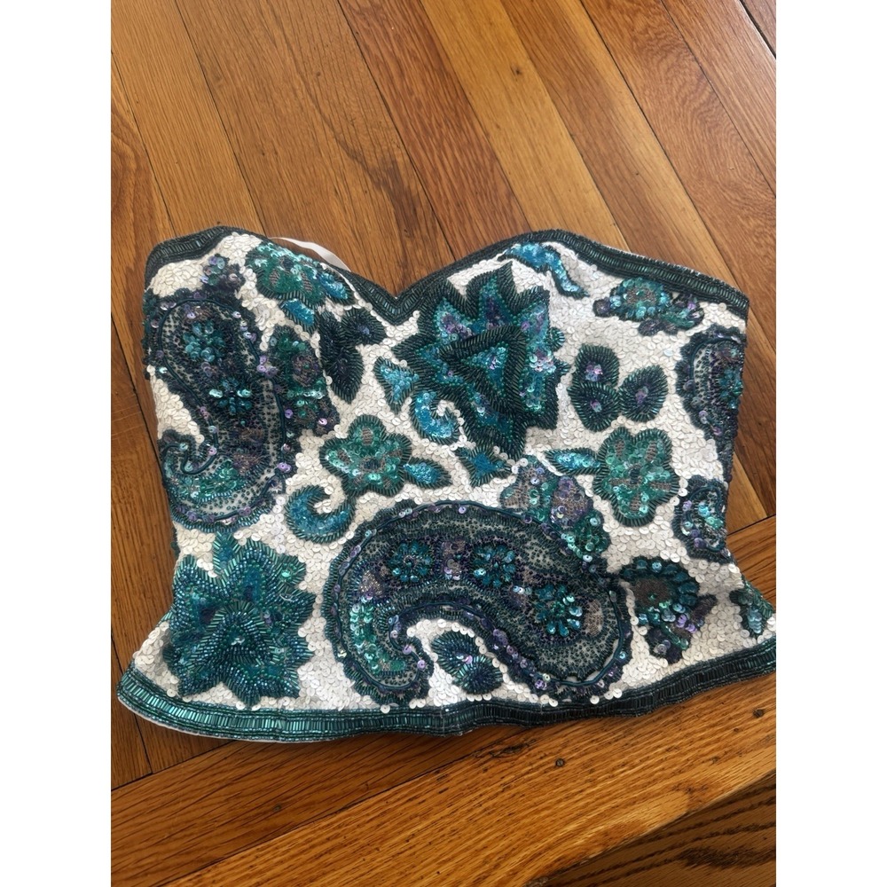 Vintage Oleg Cassini Silk Teal White Sequin Bustier Corset Top Floral Paisley S